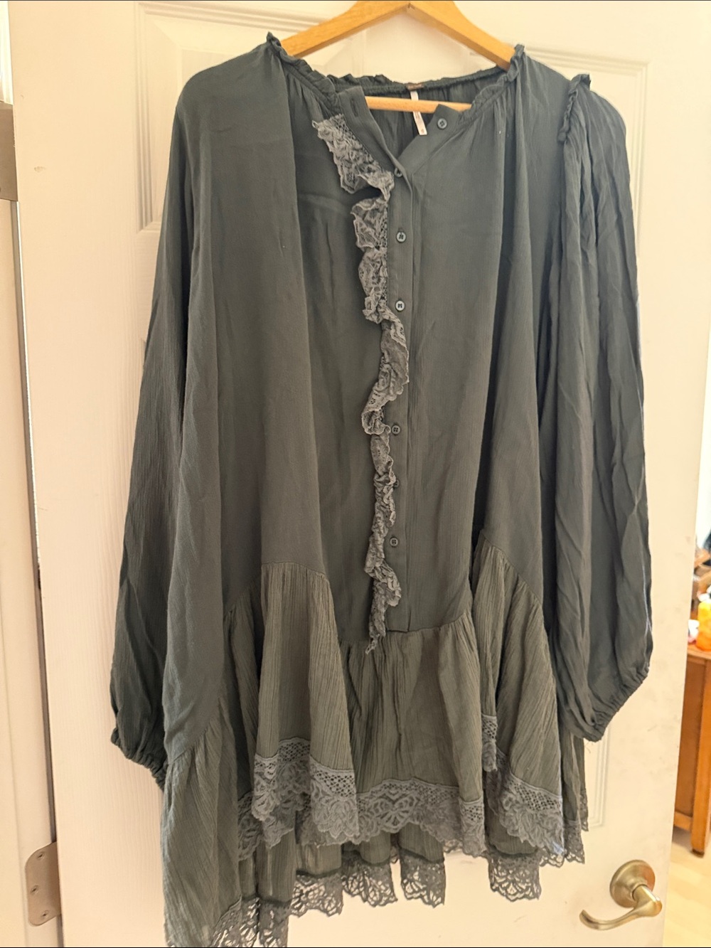 Olive Green Ruffled Lace-Trim Tunic